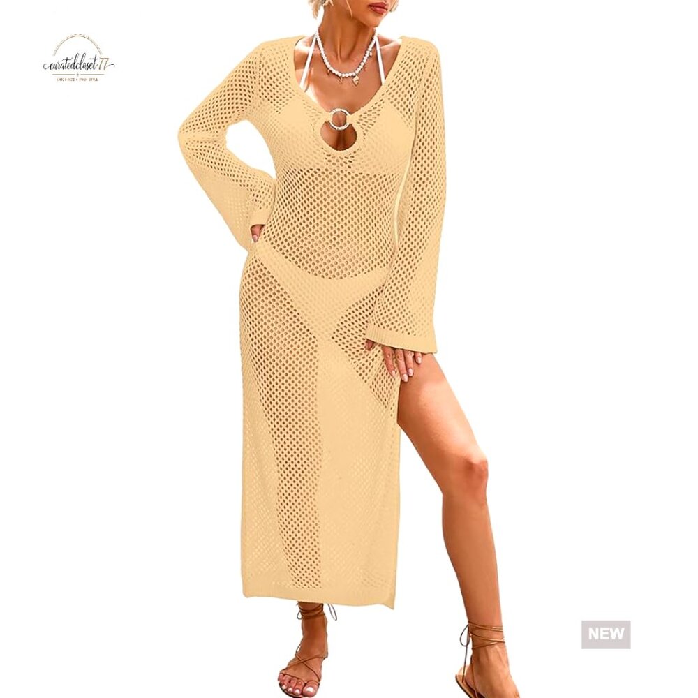 Crochet Mesh Maxi Cover Up Long Sleeve V Neck Beach Dress Small